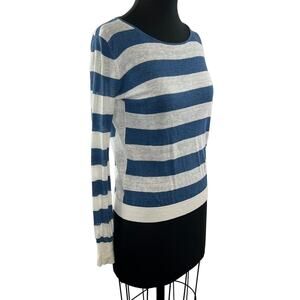 THEORY Blue White Stripe Linen Blend Long Sleeve Round Neck Pullover Sweater S